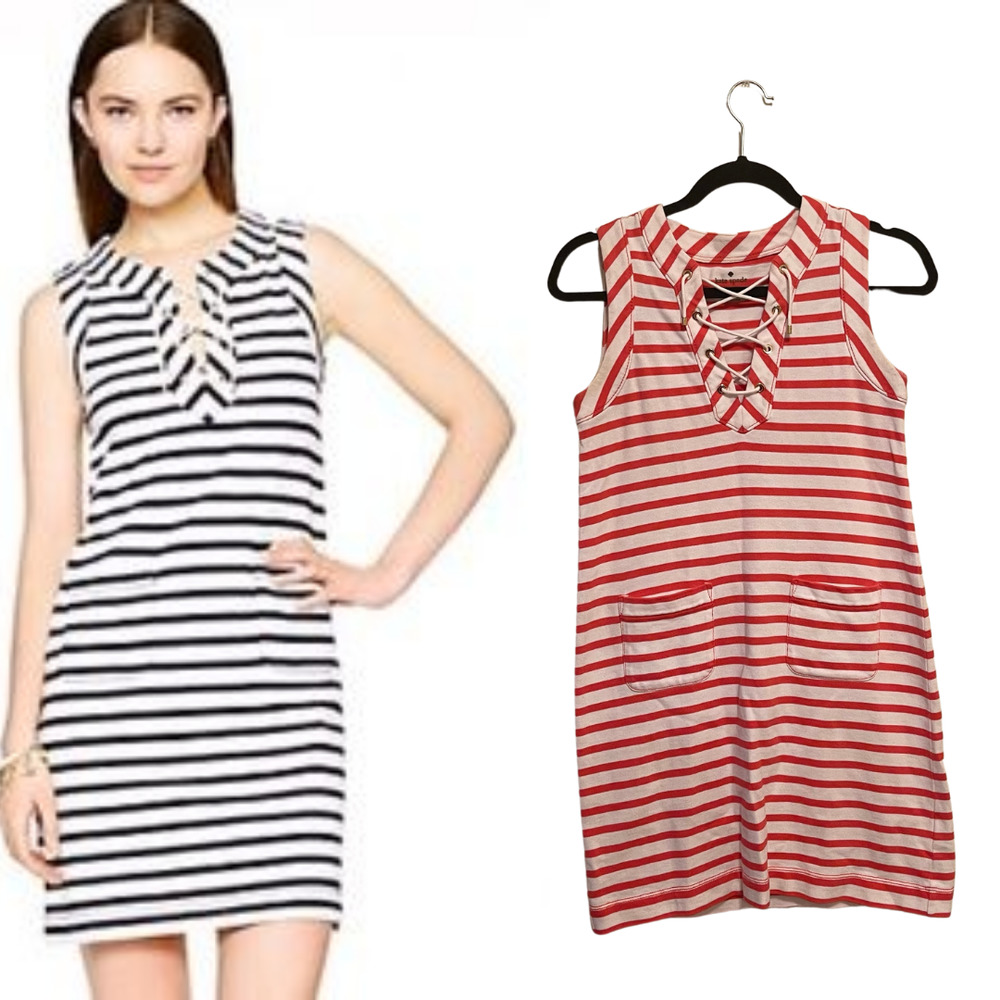 Kate Spade Pink and White Cotton Jersey Lace-Up Striped Dress Size XXS